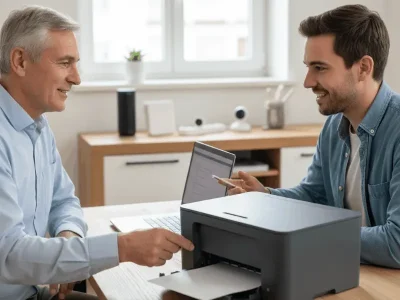 Drucker-Hilfe in Hannover: Ein Techniker unterstützt einen Senior bei der Einrichtung eines Druckers und der Auswahl des richtigen Zubehörs.