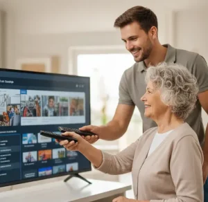 Fernseher und Smart-TV Hilfe in Hannover: Ein Techniker erklärt einer Seniorin die Bedienung der Fernbedienung und die Einrichtung von Sendern.