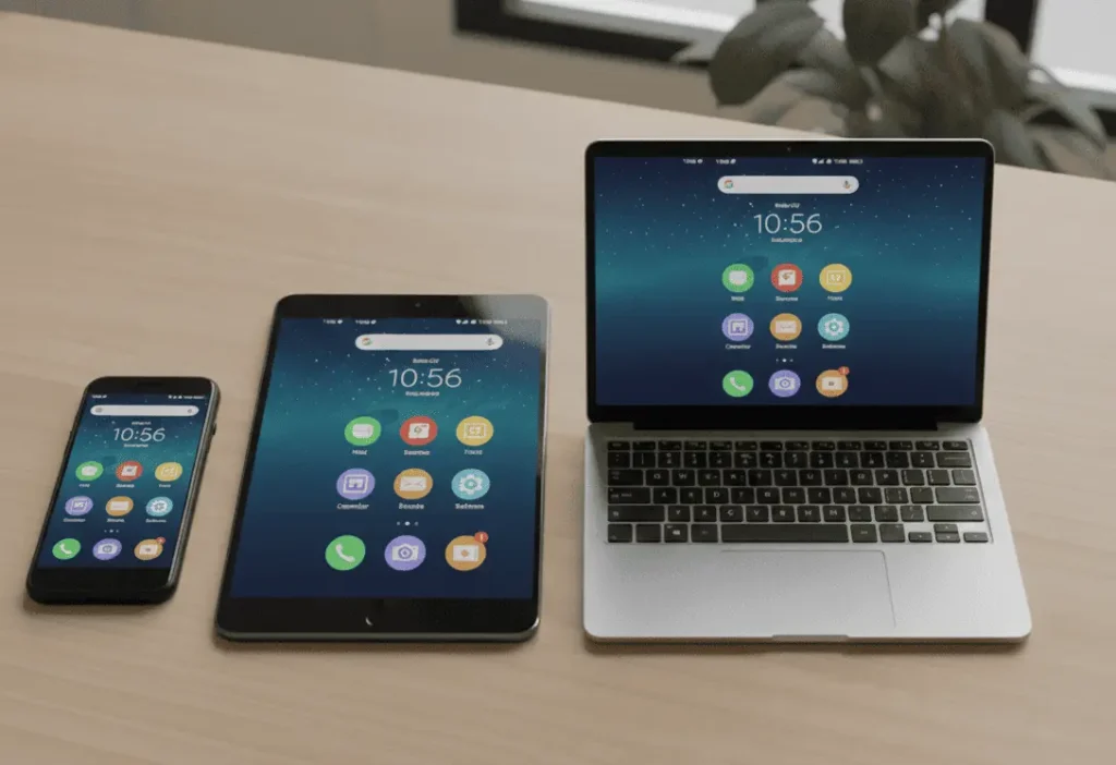 Draufsicht auf moderne Endgeräte wie Laptop, Tablet und Smartphone für die Seniorenschulung in Hannover