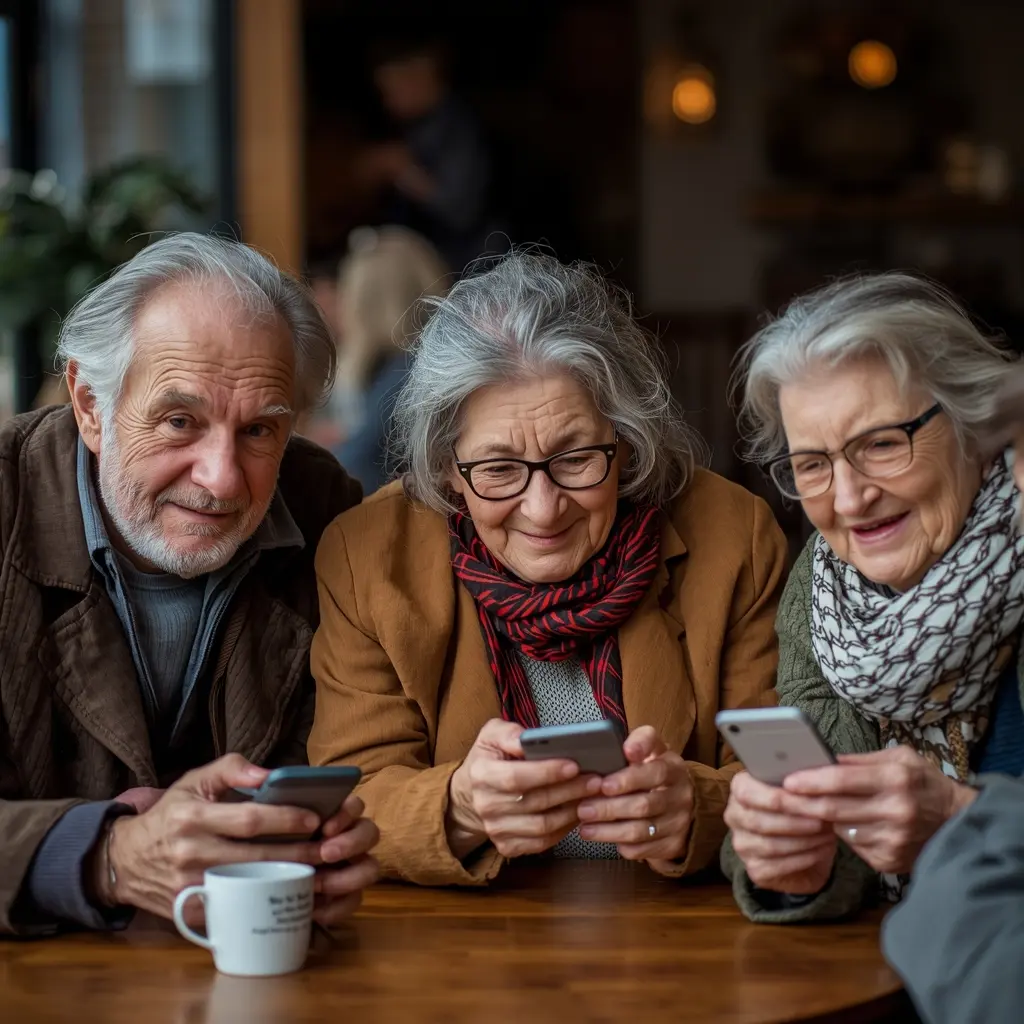 Glückliche Senioren in Hannover bei der Smartphone-Nutzung: Gemeinsames Lernen und Freude an digitaler Kommunikation und Apps.