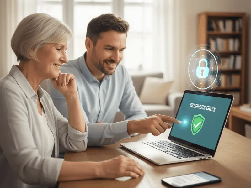 Persönliche Beratung zu Internetsicherheit und Virenschutz für Senioren am Laptop