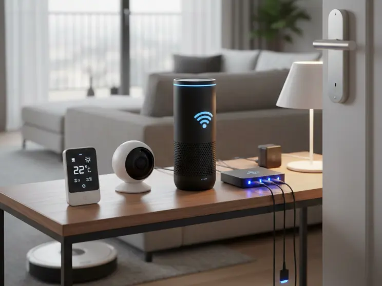 Verschiedene Smart-Home-Geräte wie Sprachassistenten und Kameras für ein sicheres Wohnen im Alter in Hannover