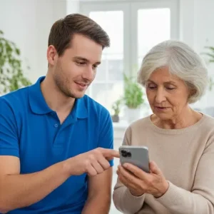 Smartphone-Hilfe für Senioren in Hannover: Geduldige Erklärung von Apps und Einstellungen auf dem Handy.