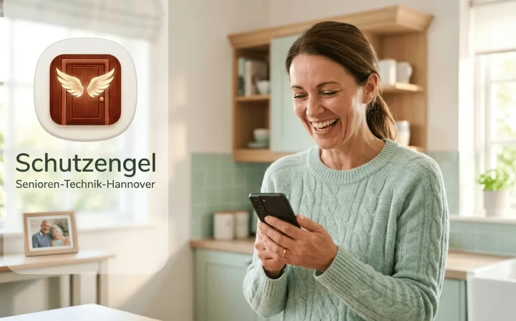Tochter liest eine beruhigende Nachricht der Schutzengel-App auf ihrem Smartphone