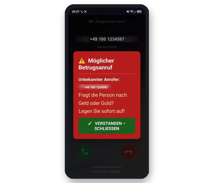 Schutzengel-App zeigt Warnung vor möglichem Betrugsanruf direkt beim eingehenden Anruf