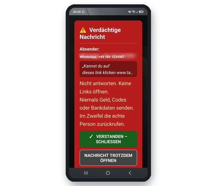 Schutzengel-App warnt vor einer verdächtigen WhatsApp-Nachricht mit Betrugsverdacht