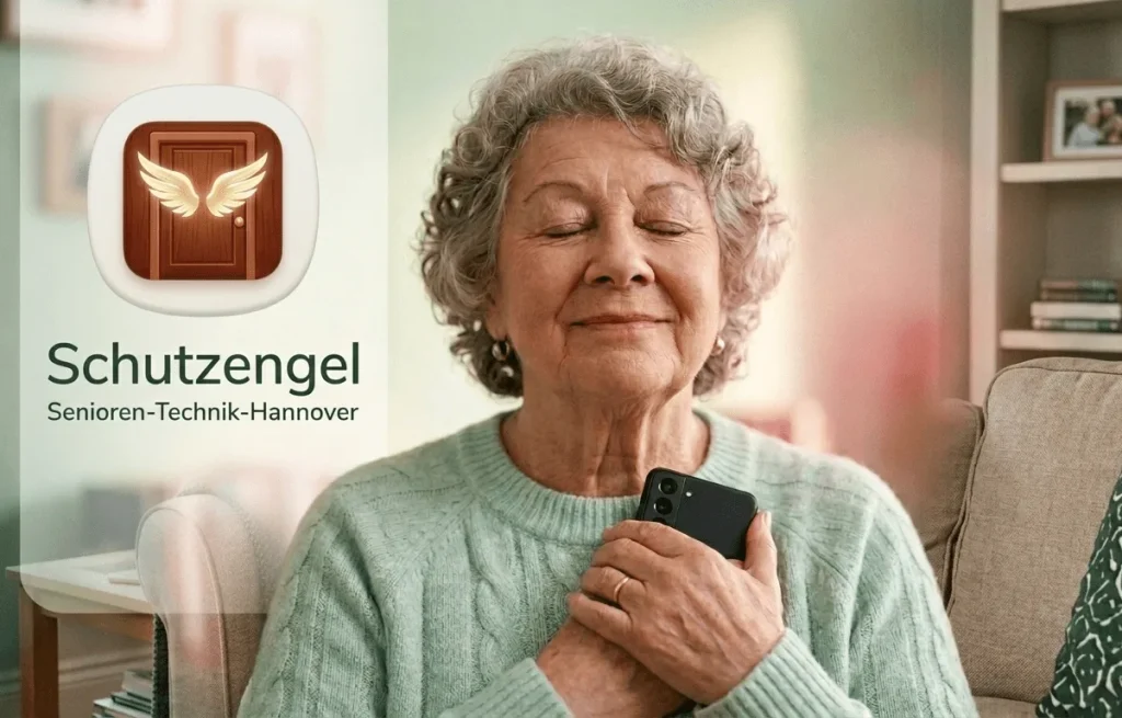 Seniorin hält ihr Smartphone mit der Schutzengel-App beruhigt in den Händen